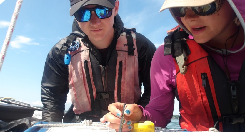 two people wearing hats, sunglasses and life jackets use a map and compass